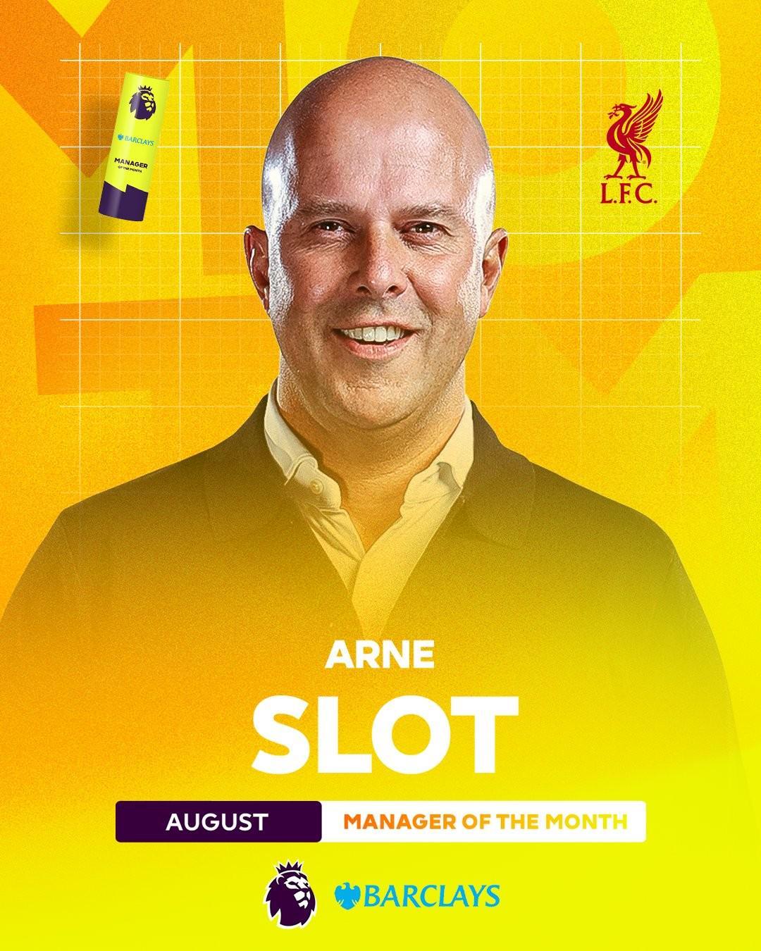 利物浦前三轮全胜领跑，斯洛特当选英超8月最佳主教练